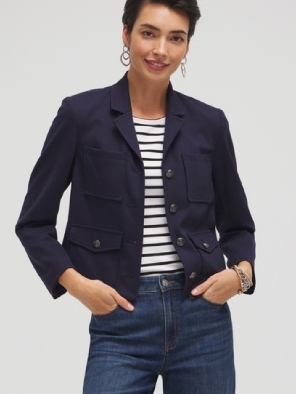 NWT ADORABLE Chico's Navy Blue Ponte Knit Cropped 4-Pocket Jacket, Sz 12